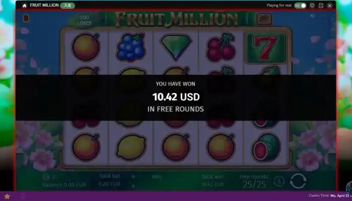 カジノストライカー入金不要ボーナスゲーム「FRUIT MILLION」獲得賞金