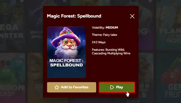 ゴールデンユーロカジノ入金不要ボーナス(Magic Forest: Spellbound)選択画面